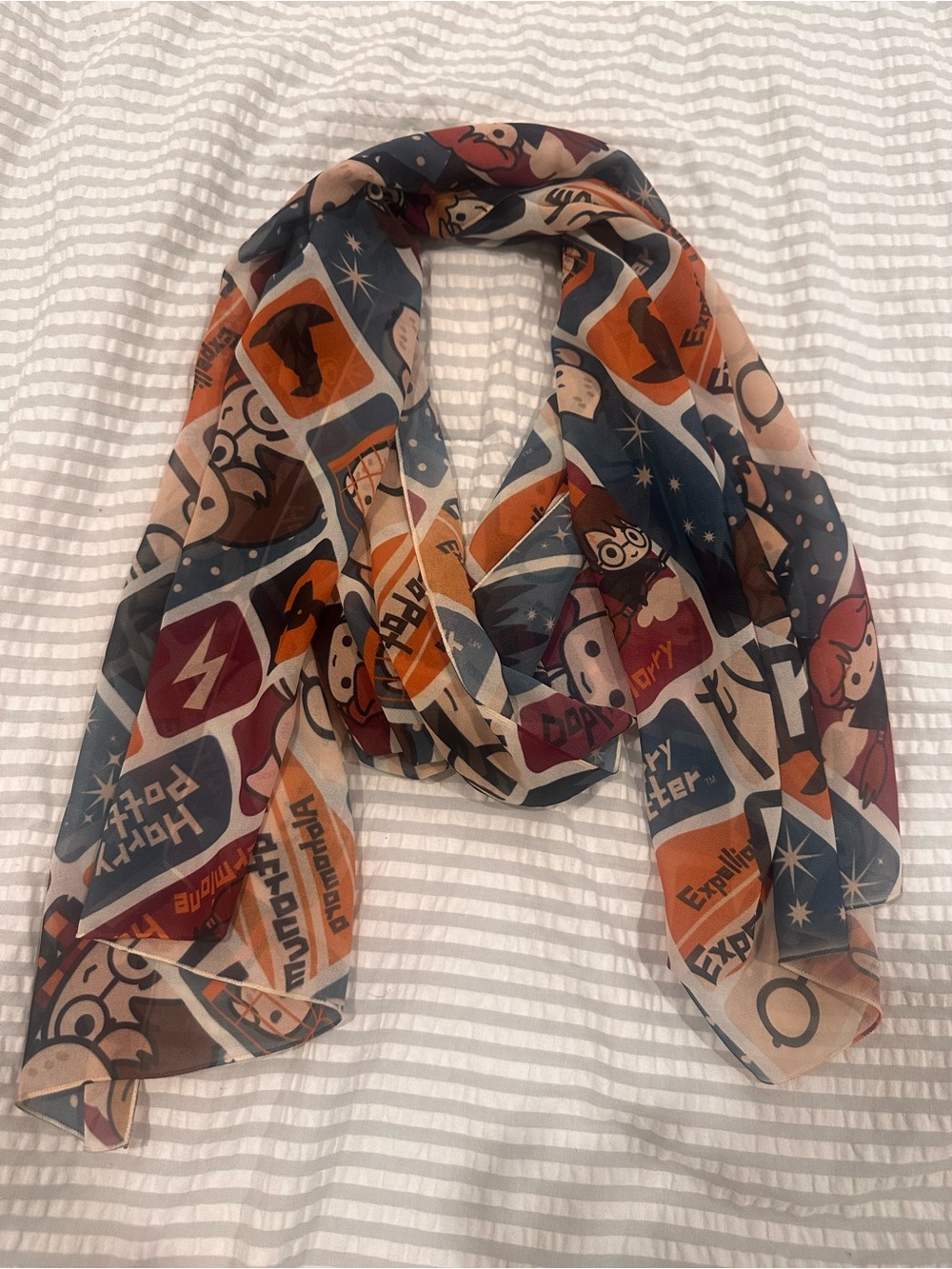 Harry Potter Graphic Novel Print Lightweight Scarf in Navy, Orange, Cream